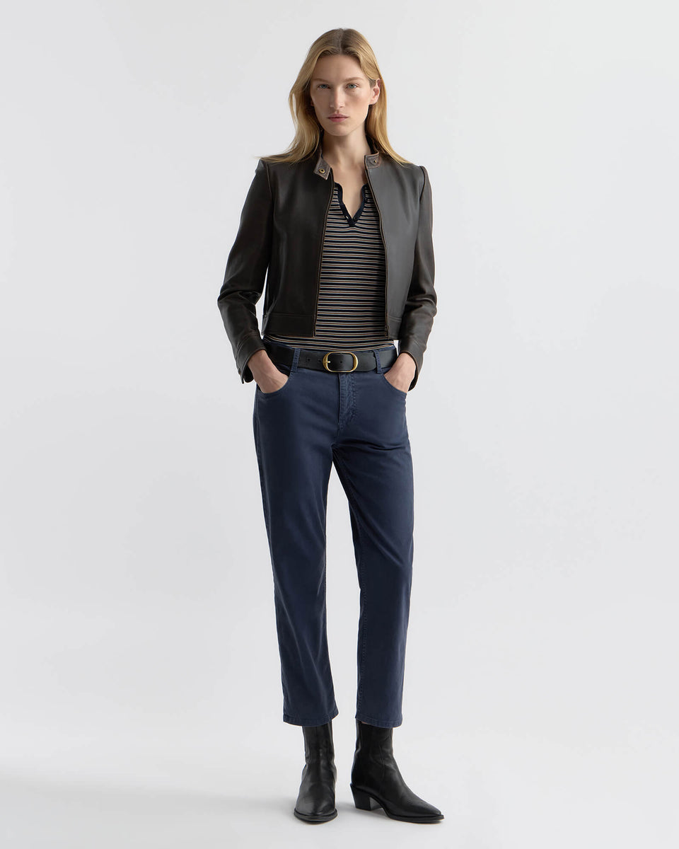 GEMMATTA STRIPE POLO IN DARK NAVY/BROWN STRIPE