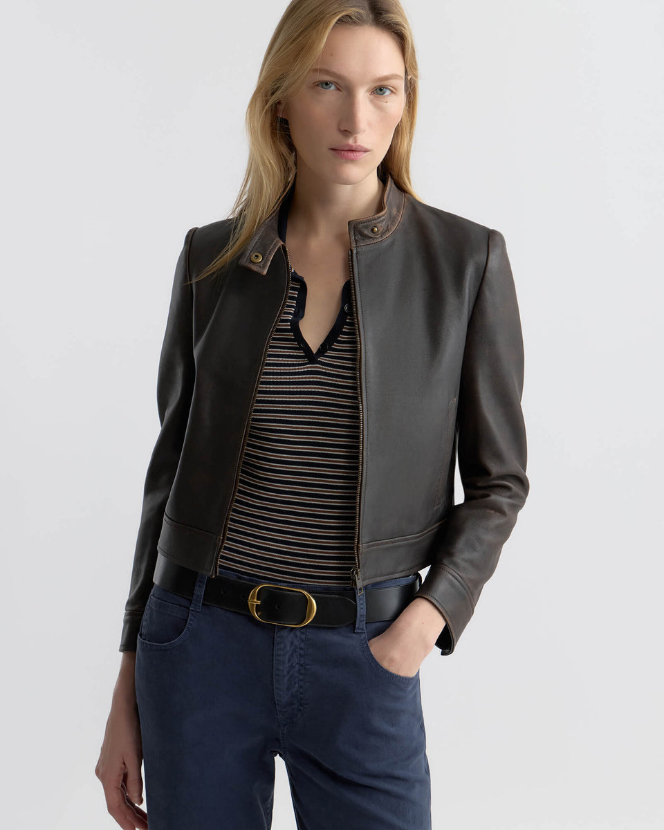 GEMMATTA STRIPE POLO IN DARK NAVY/BROWN STRIPE