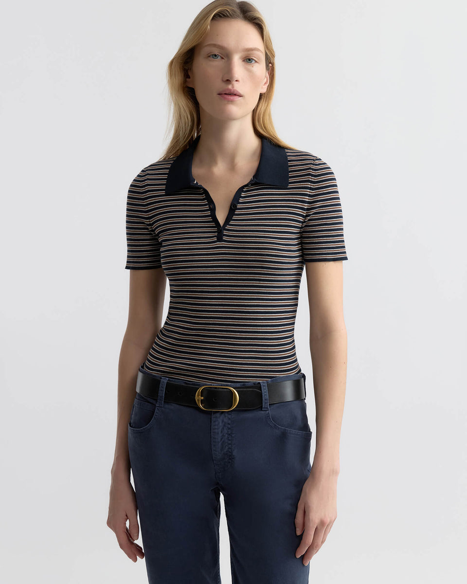 GEMMATTA STRIPE POLO IN DARK NAVY/BROWN STRIPE