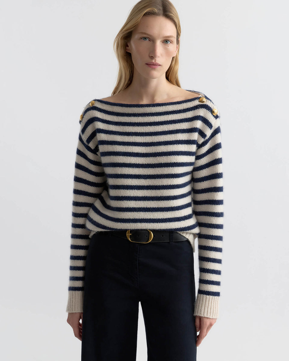 TANDY CASHMERE SWEATER IN IVORY/MARINE STRIPE