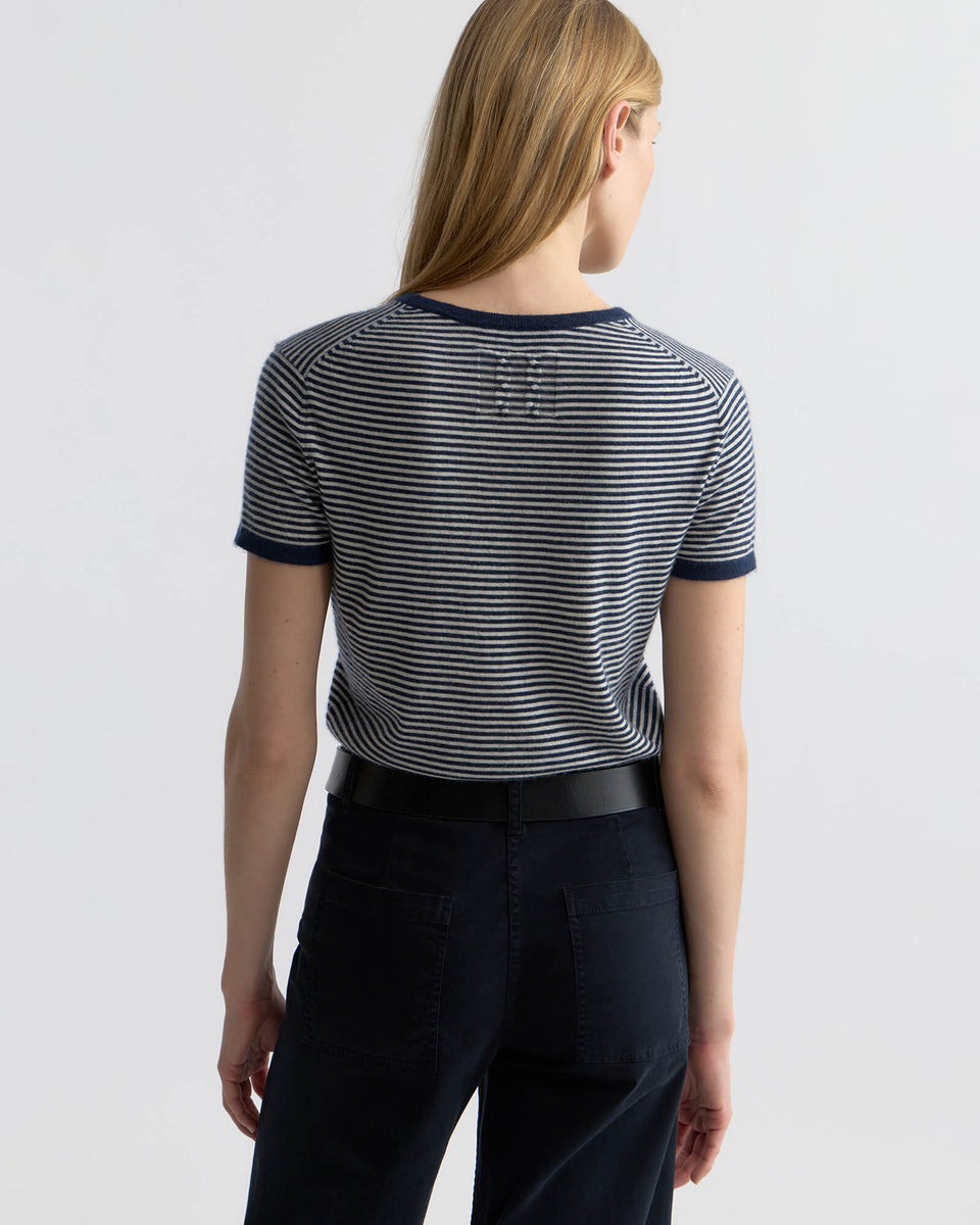 LINKA STRIPE CASHMERE SWEATER IN NAVY/IVORY STRIPE