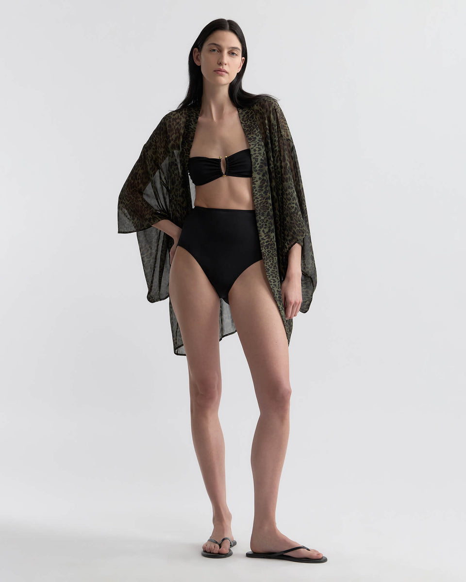 KIMA SILK KIMONO IN ARMY GREEN LEOPARD