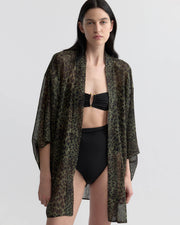 KIMA SILK KIMONO IN ARMY GREEN LEOPARD