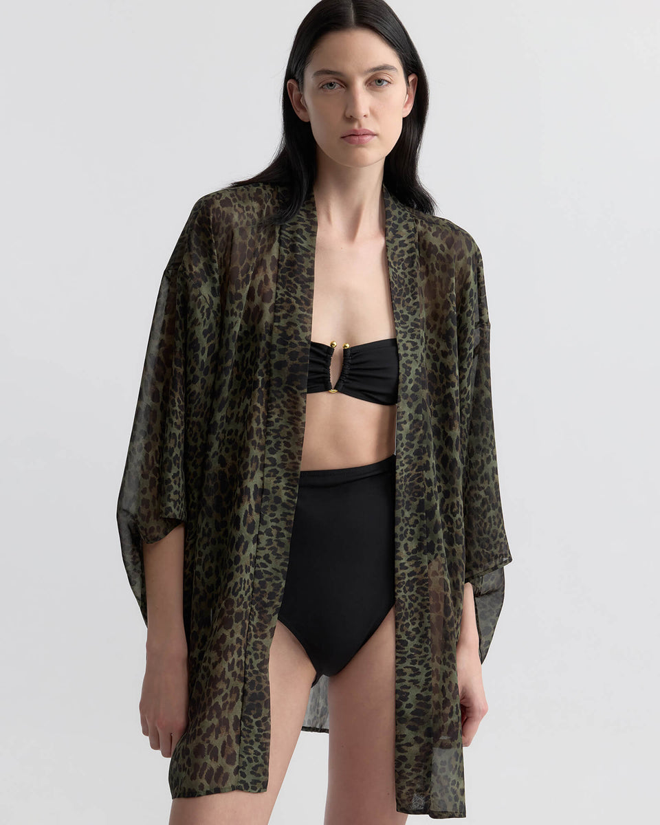 KIMA SILK KIMONO IN ARMY GREEN LEOPARD