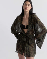 KIMA SILK KIMONO IN ARMY GREEN LEOPARD