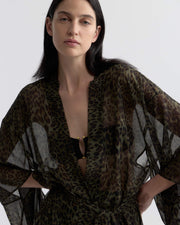 KIMA SILK KIMONO IN ARMY GREEN LEOPARD