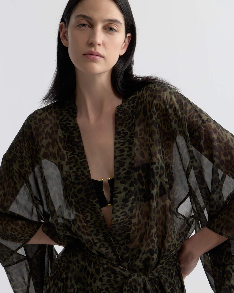 KIMA SILK KIMONO IN ARMY GREEN LEOPARD