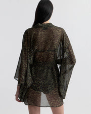 KIMA SILK KIMONO IN ARMY GREEN LEOPARD
