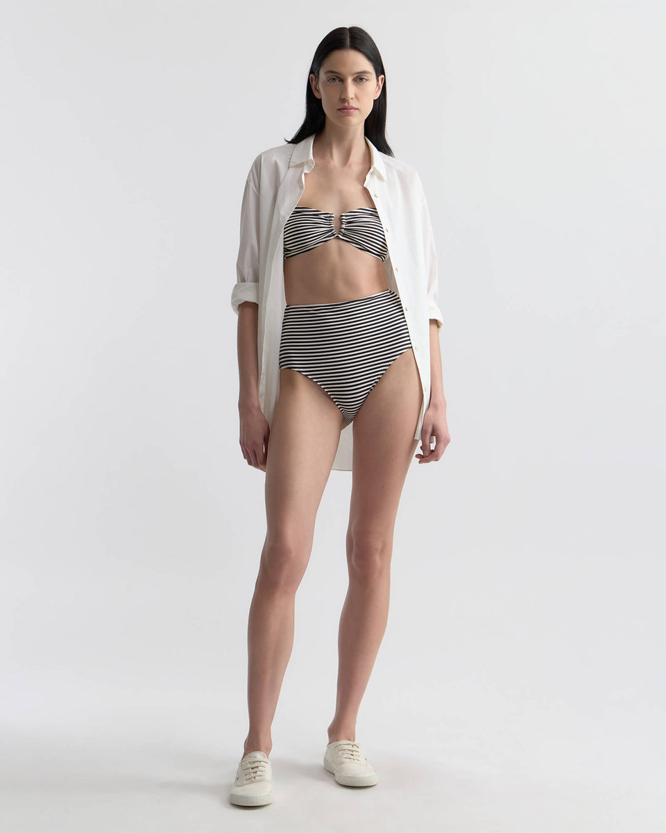 HIGH WAISTED BIKINI BOTTOM IN BLACK/IVORY STRIPE
