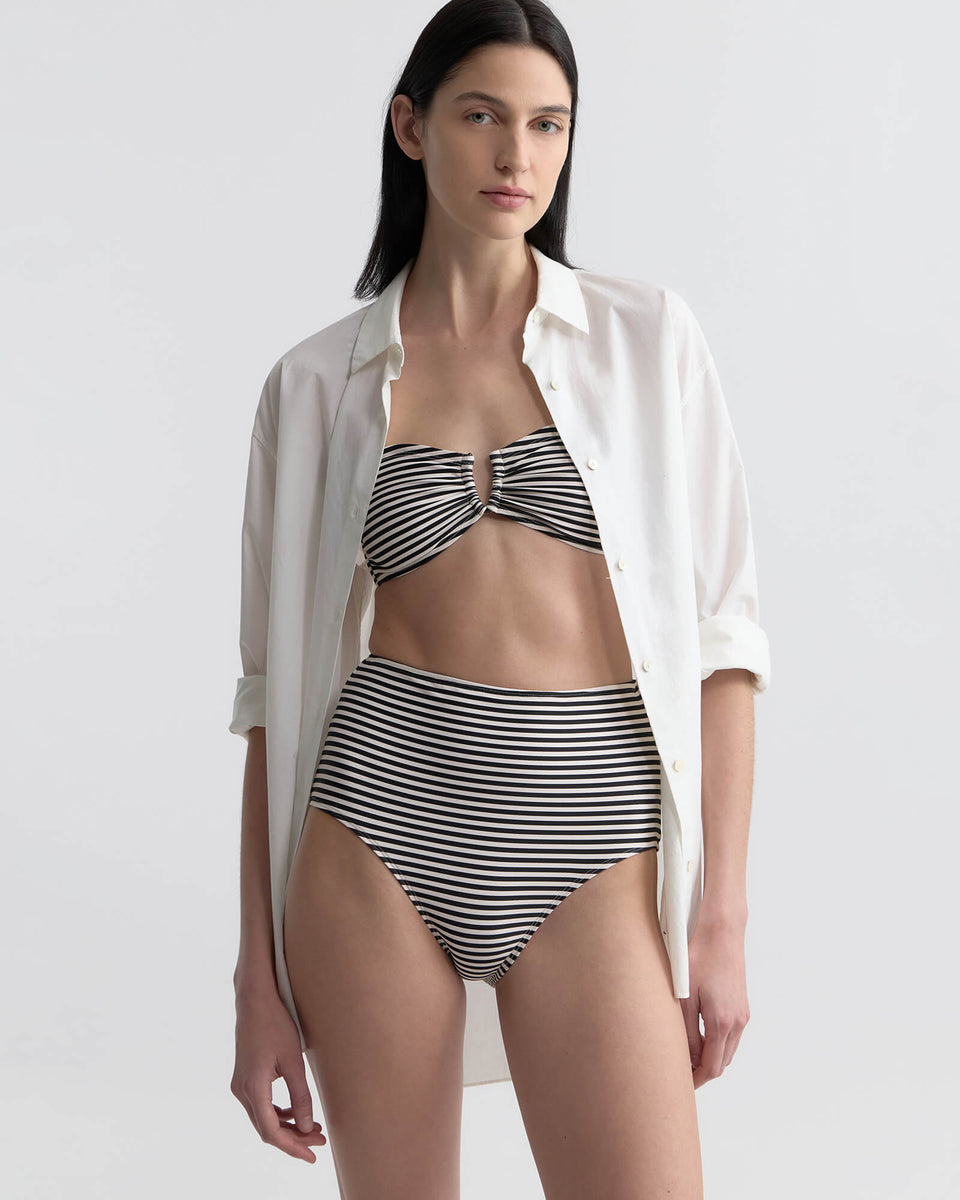 HIGH WAISTED BIKINI BOTTOM IN BLACK/IVORY STRIPE