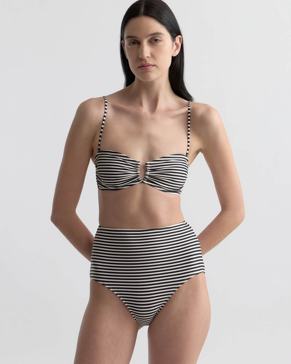 HIGH WAISTED BIKINI BOTTOM IN BLACK/IVORY STRIPE