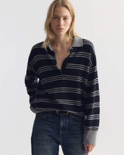 GALVEZ STRIPE CASHMERE POLO IN DARK NAVY/GREY STRIPE