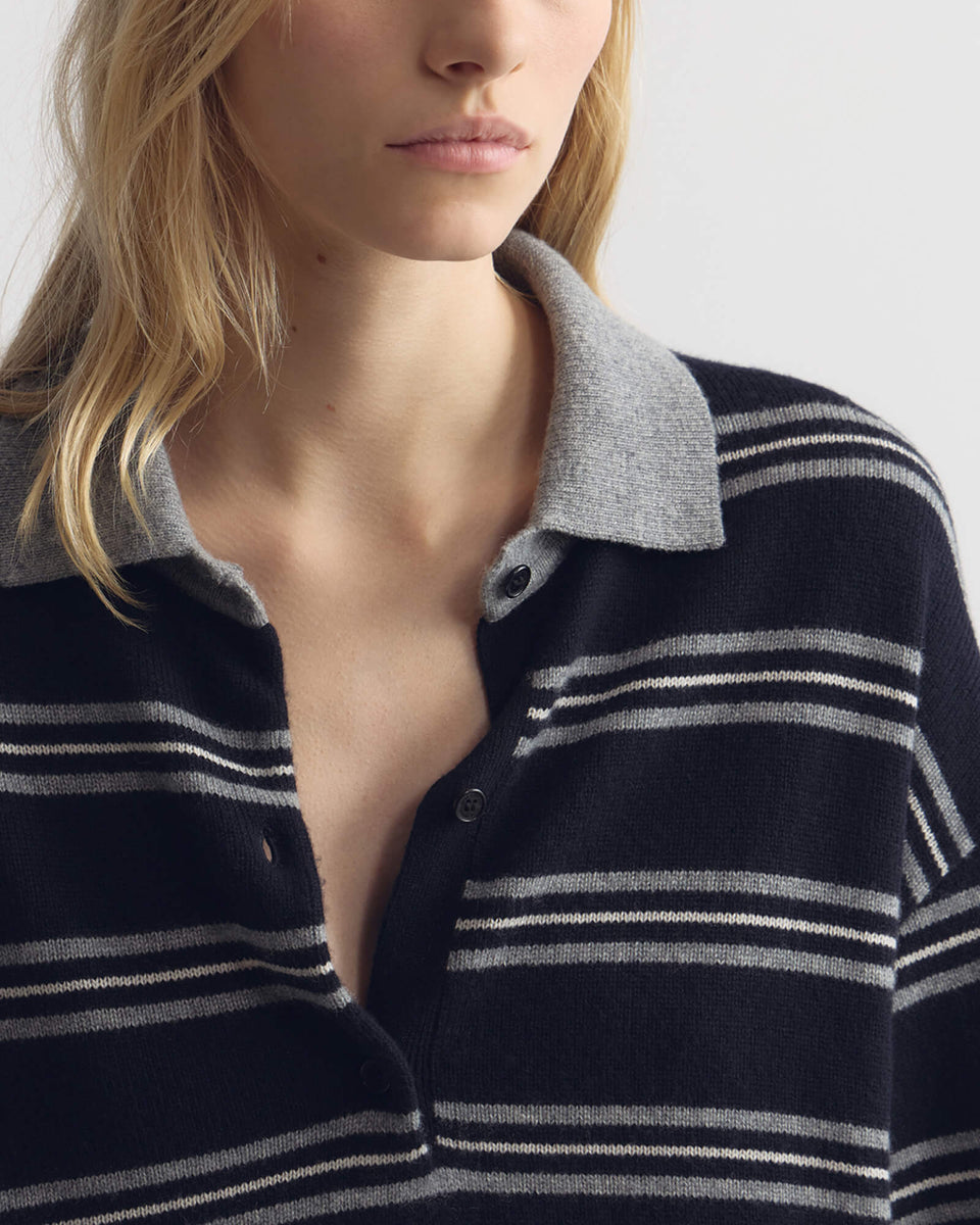 GALVEZ STRIPE CASHMERE POLO IN DARK NAVY/GREY STRIPE