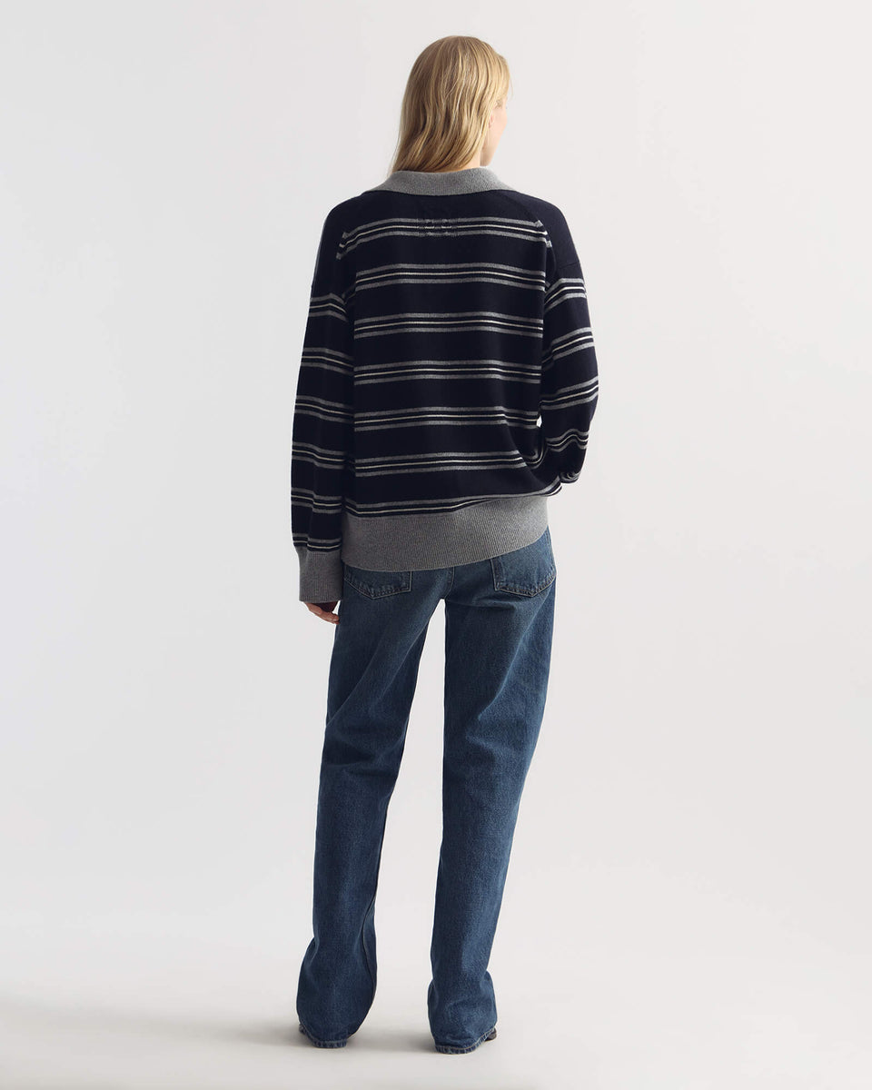 GALVEZ STRIPE CASHMERE POLO IN DARK NAVY/GREY STRIPE