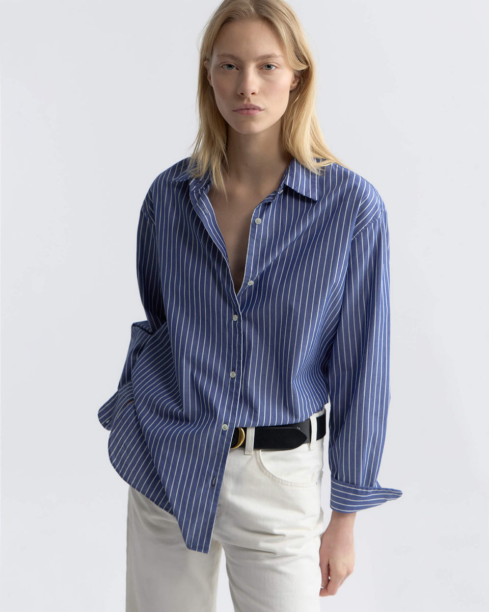 YORKE STRIPED COTTON SHIRT IN DARK NAVY/WHITE STRIPE