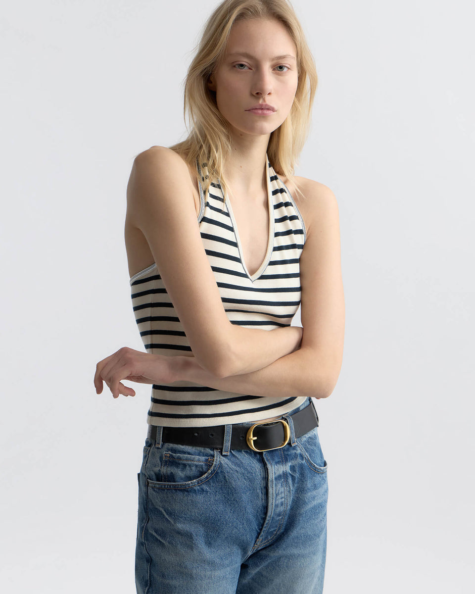 BRITT HALTER TOP IN ECRU/BLACK STRIPE