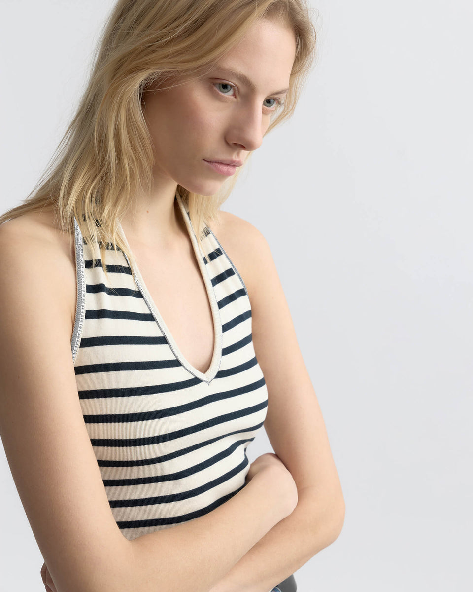 BRITT HALTER TOP IN ECRU/BLACK STRIPE