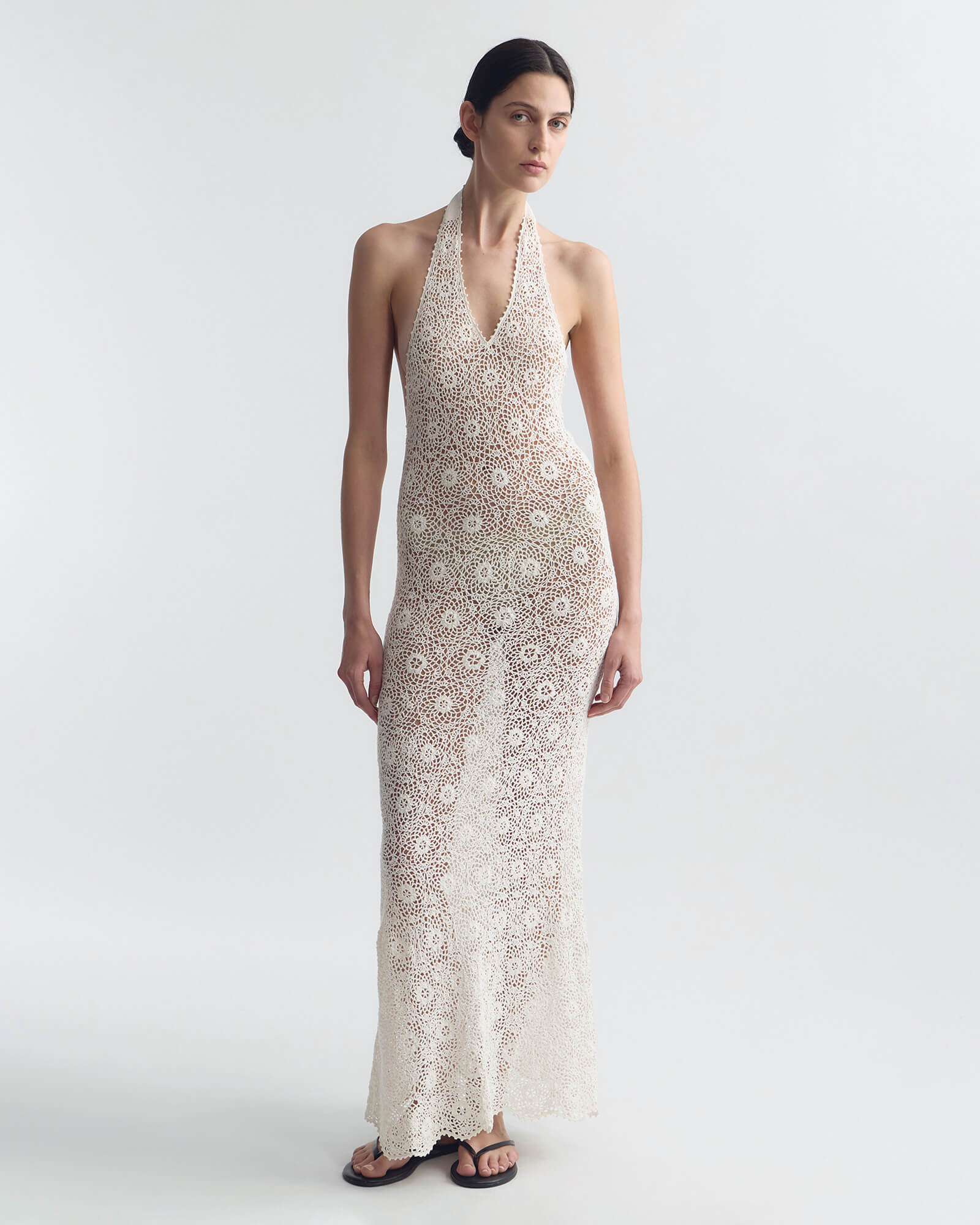 EDDIE KNIT HALTER DRESS | Women's Handmade Slim Dress In Custom Medallion Crochet | Nili Lotan EDDIE KNIT HALTER DRESS | Women's Handmade Slim Dress In Custom Medallion Crochet | Nili Lotan