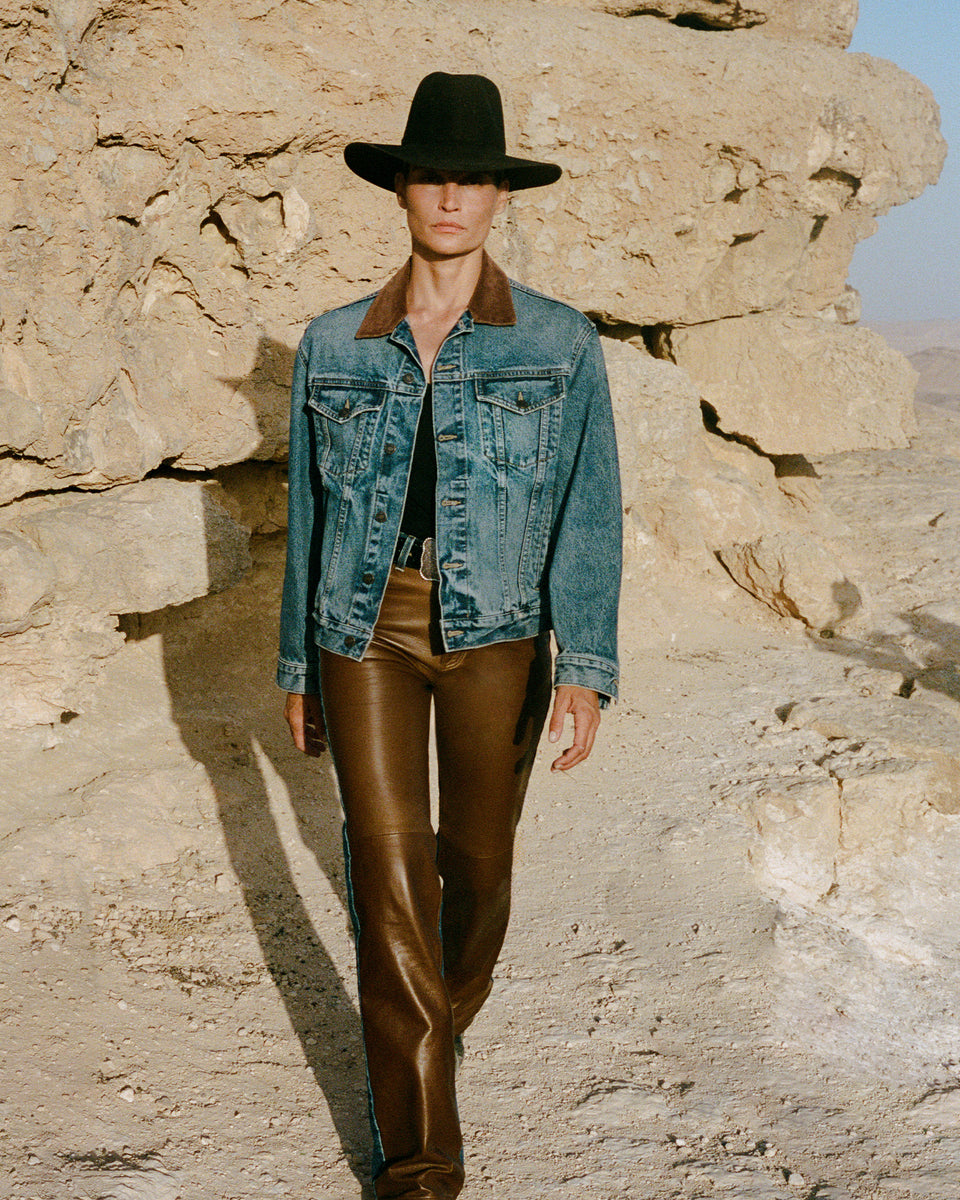 JOAN LEATHER COMBO JEAN IN SIMON WASH W/ COGNAC