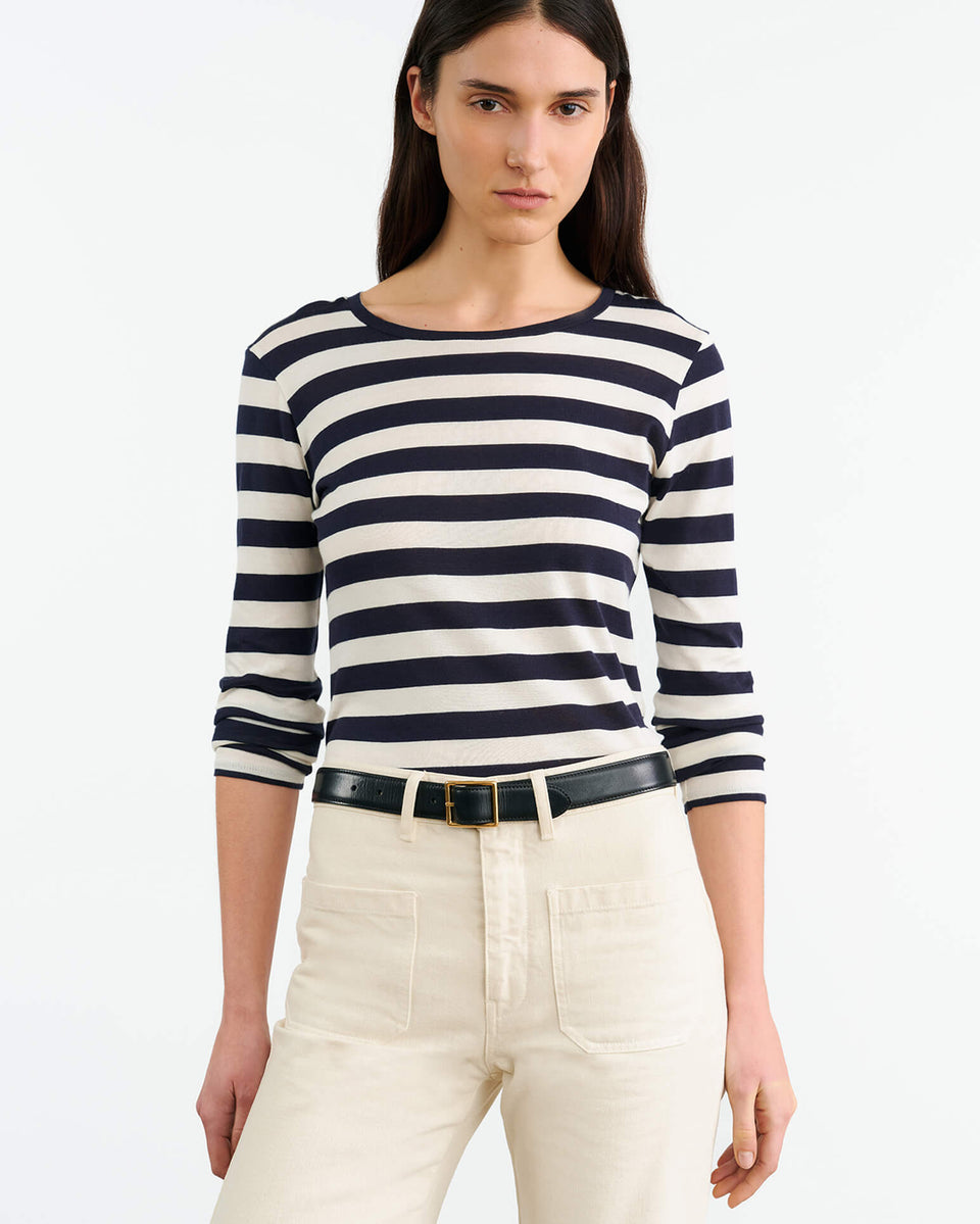 LONG SLEEVE SHIRT IN NAVY/IVORY STRIPE