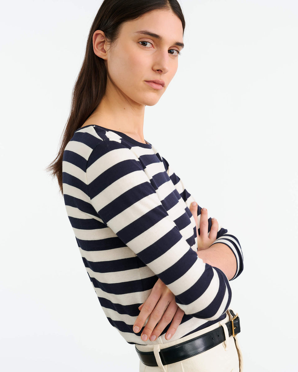 LONG SLEEVE SHIRT IN NAVY/IVORY STRIPE