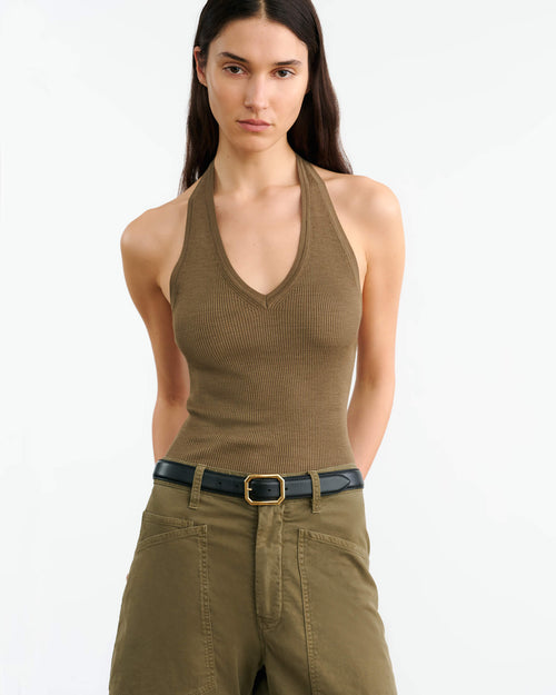 IVEY SILK HALTER IN MILITARY GREEN