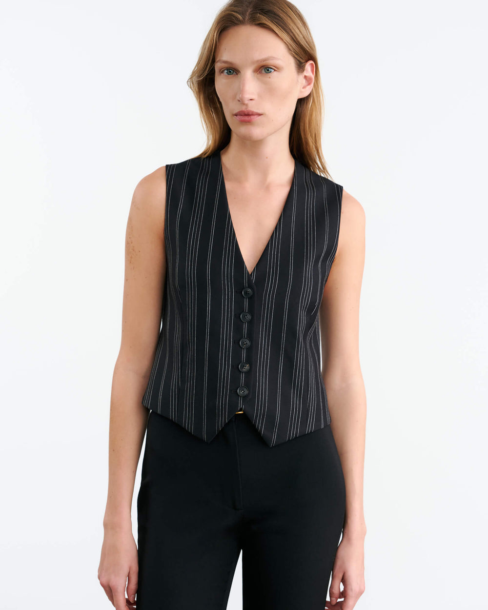 ANGELINA VEST IN BLACK PINSTRIPE