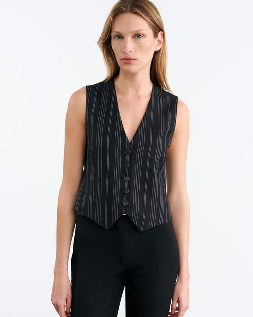 ANGELINA VEST IN BLACK PINSTRIPE