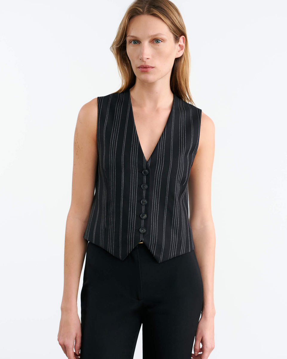ANGELINA VEST IN BLACK PINSTRIPE