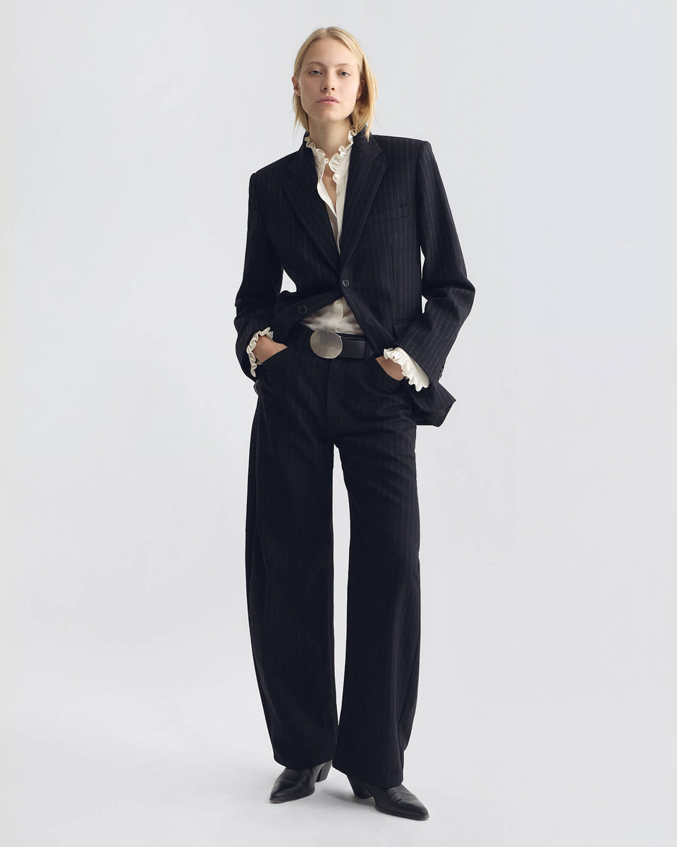 ROMAIN BOYFRIEND JACKET IN BLACK PINSTRIPES