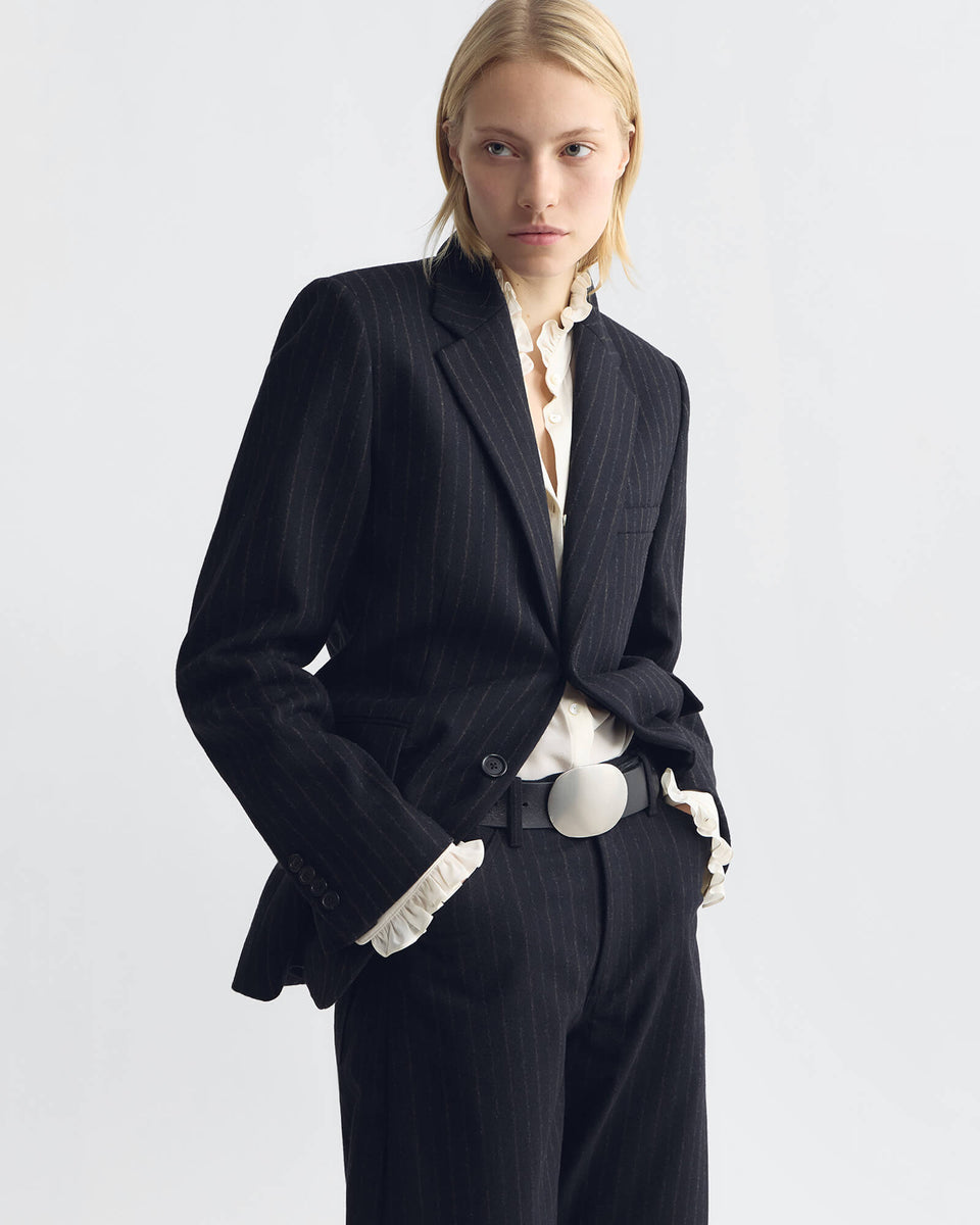 ROMAIN BOYFRIEND JACKET IN BLACK PINSTRIPES