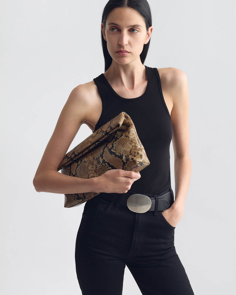 JERRY CLUTCH IN TAUPE SNAKESKIN