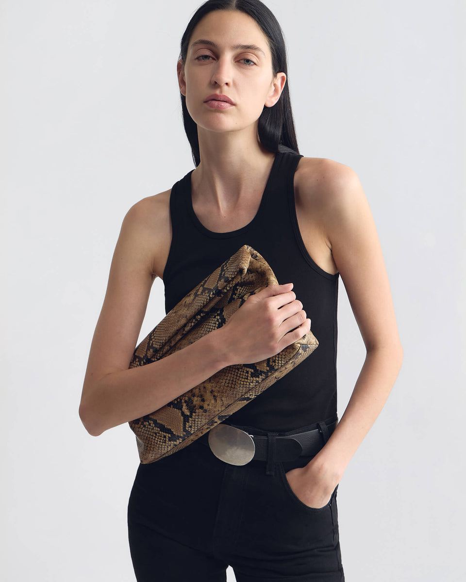 JERRY CLUTCH IN TAUPE SNAKESKIN