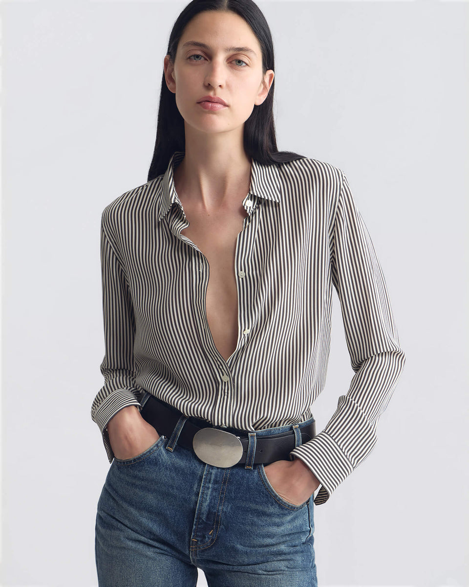 GAIA SILK SHIRT IN DARK BROWN/CREAM STRIPE