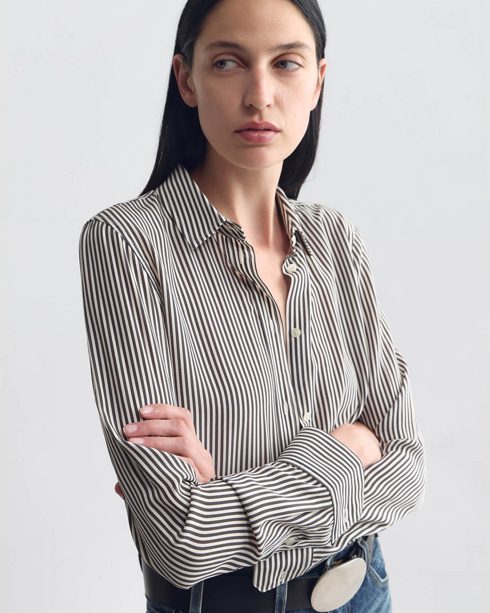 GAIA SILK SHIRT IN DARK BROWN/CREAM STRIPE