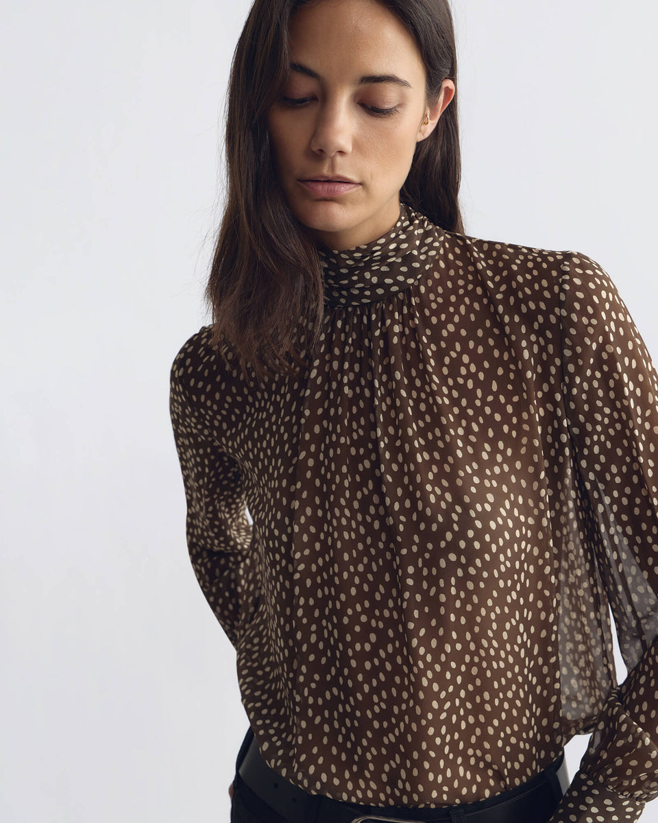 REMIE SILK BLOUSE IN BROWN/ CREAM WILD DOTS