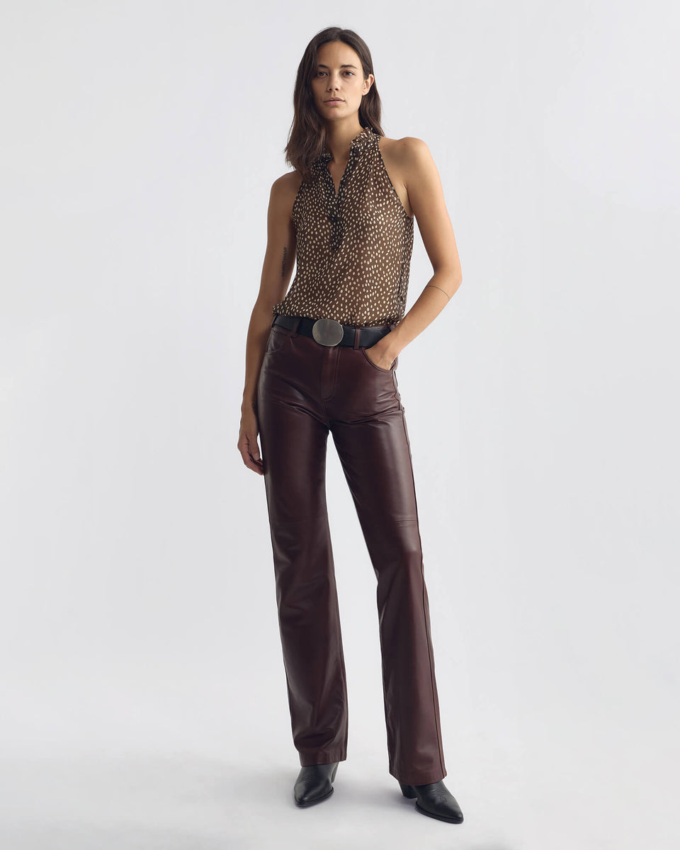 DANIELLA SILK TOP IN BROWN/ CREAM WILD DOTS
