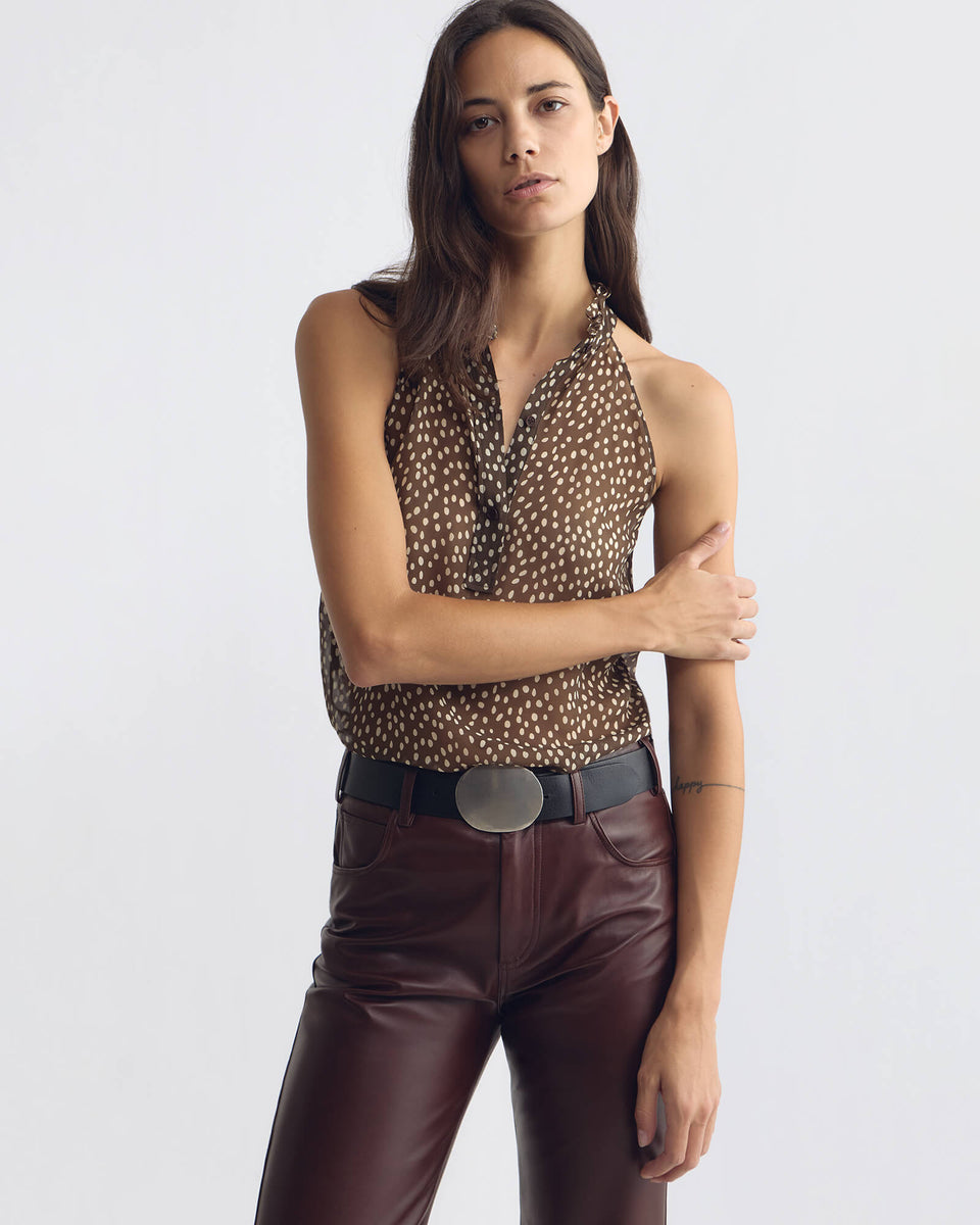DANIELLA SILK TOP IN BROWN/ CREAM WILD DOTS
