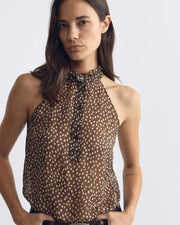 DANIELLA SILK TOP IN BROWN/ CREAM WILD DOTS