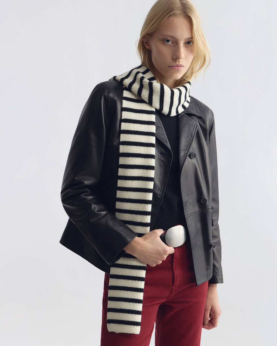 STRIPE WOOL SCARF IN BLACK/IVORY STRIPE