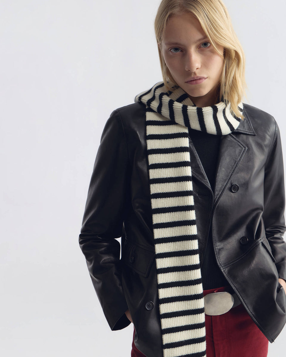 STRIPE WOOL SCARF IN BLACK/IVORY STRIPE