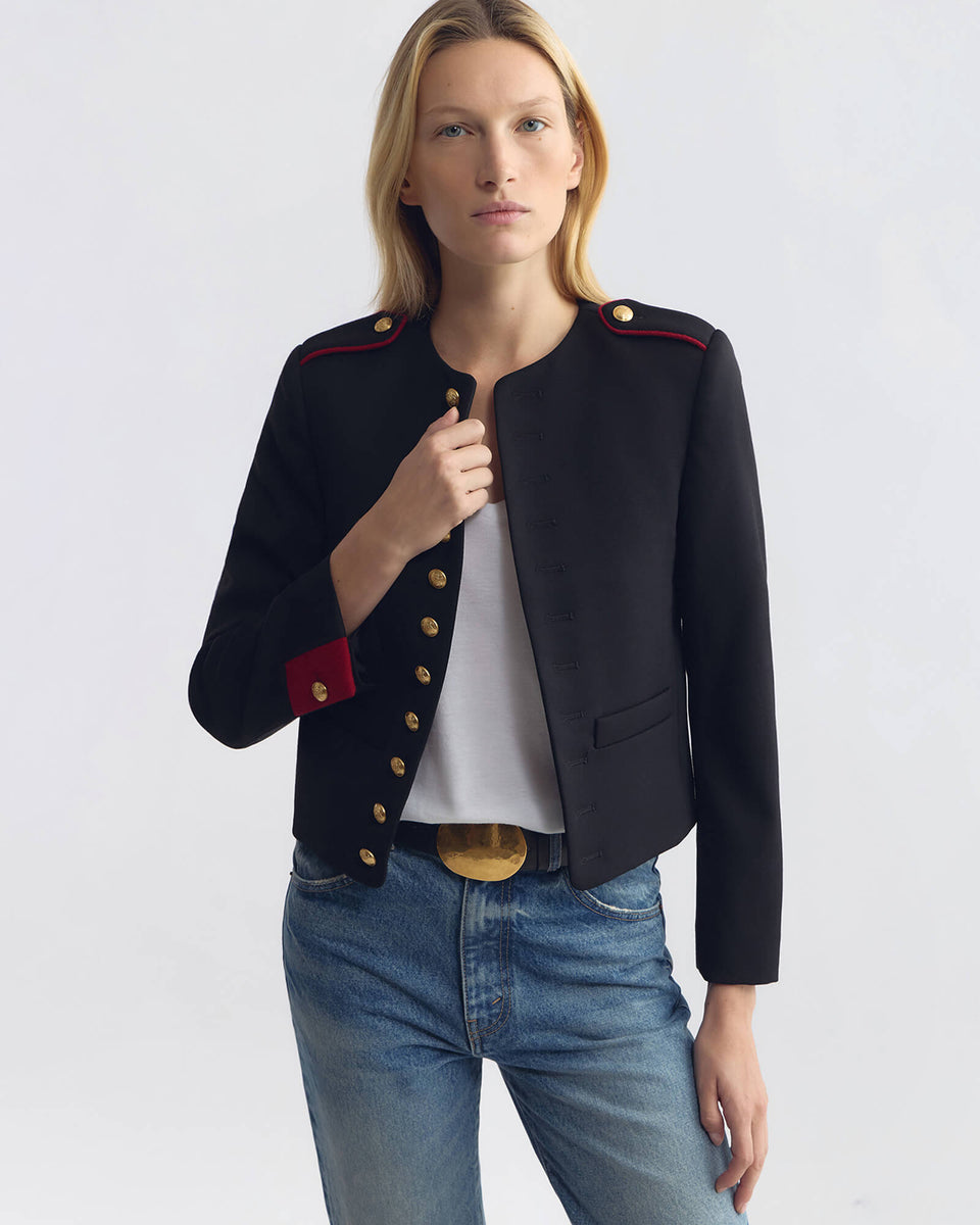 NOE SHORT WOOL JACKET IN BLACK W/ RED
