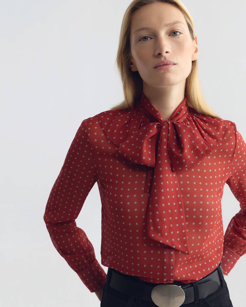 LYA RUFFLE TIE SILK BLOUSE IN ASCOT DOT