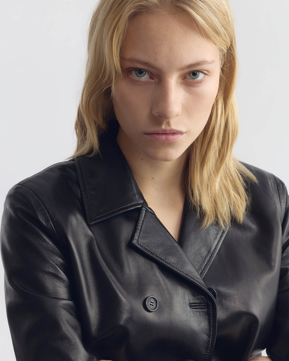 DORIAN LEATHER PEACOAT IN BLACK