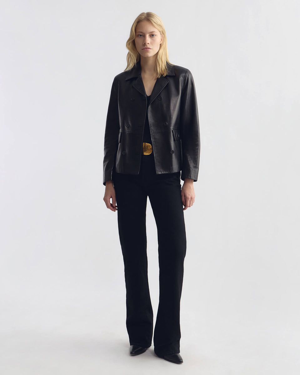 DORIAN LEATHER PEACOAT IN BLACK