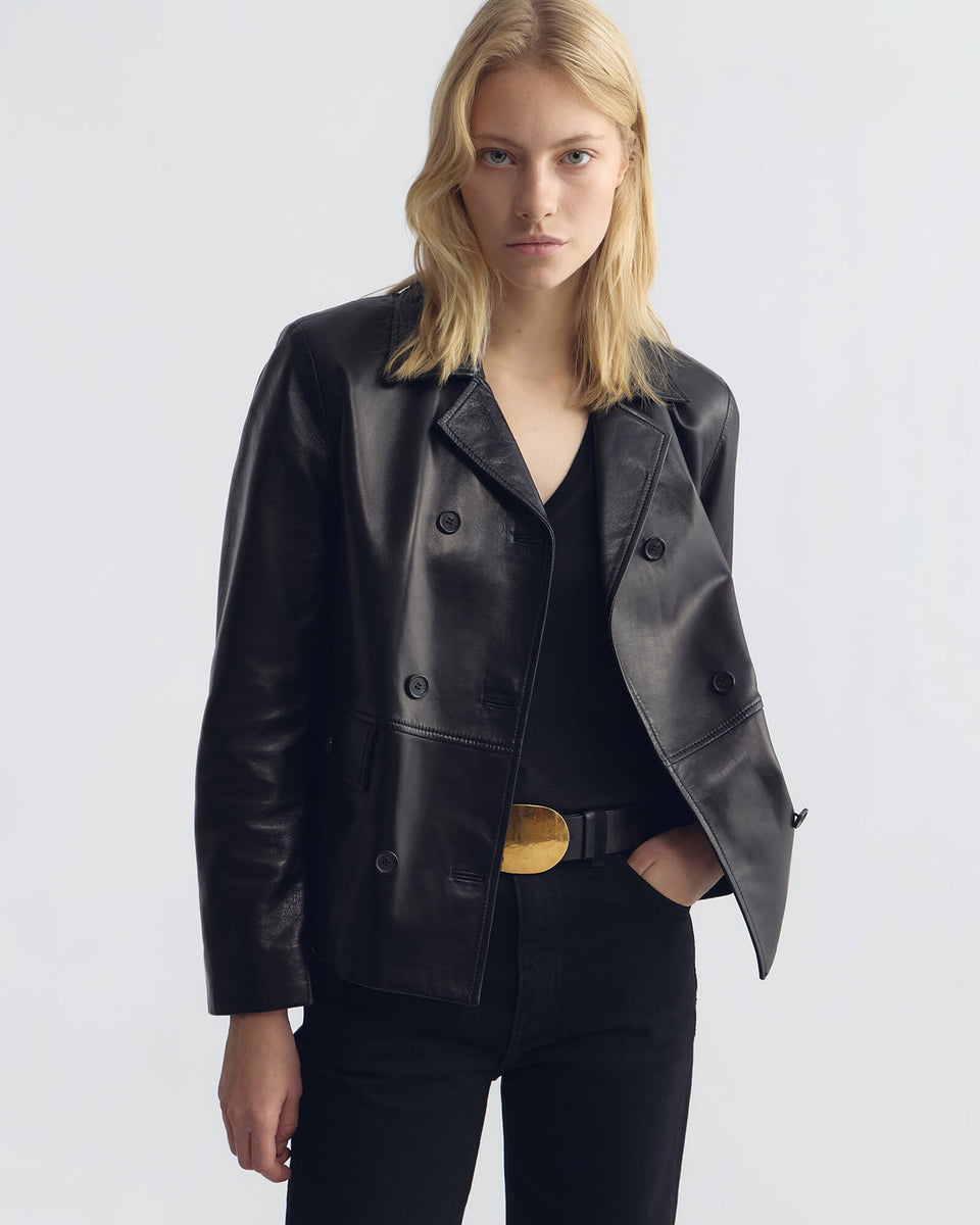 DORIAN LEATHER PEACOAT IN BLACK