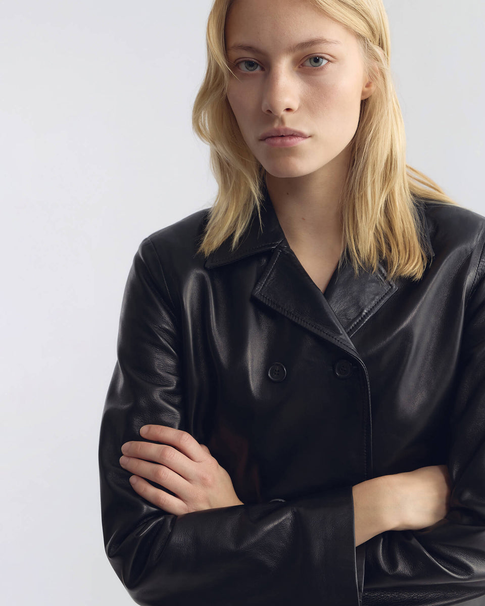 DORIAN LEATHER PEACOAT IN BLACK
