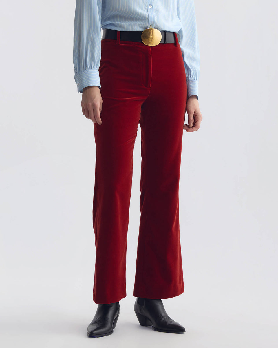 CROPPED CORETTE VELVET PANT IN CRIMSON