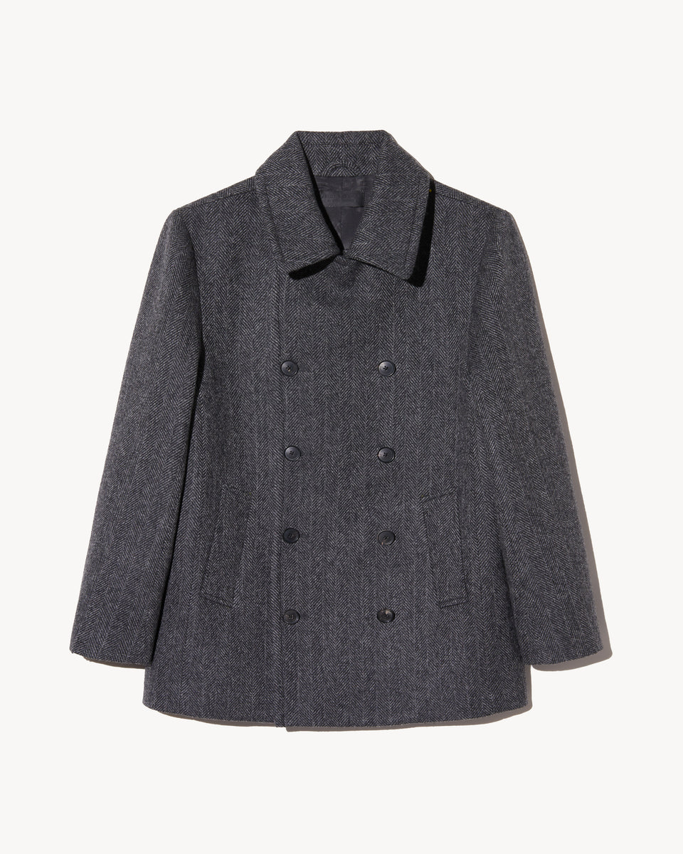 ATLAS PEACOAT IN CHARCOAL HERRINGBONE