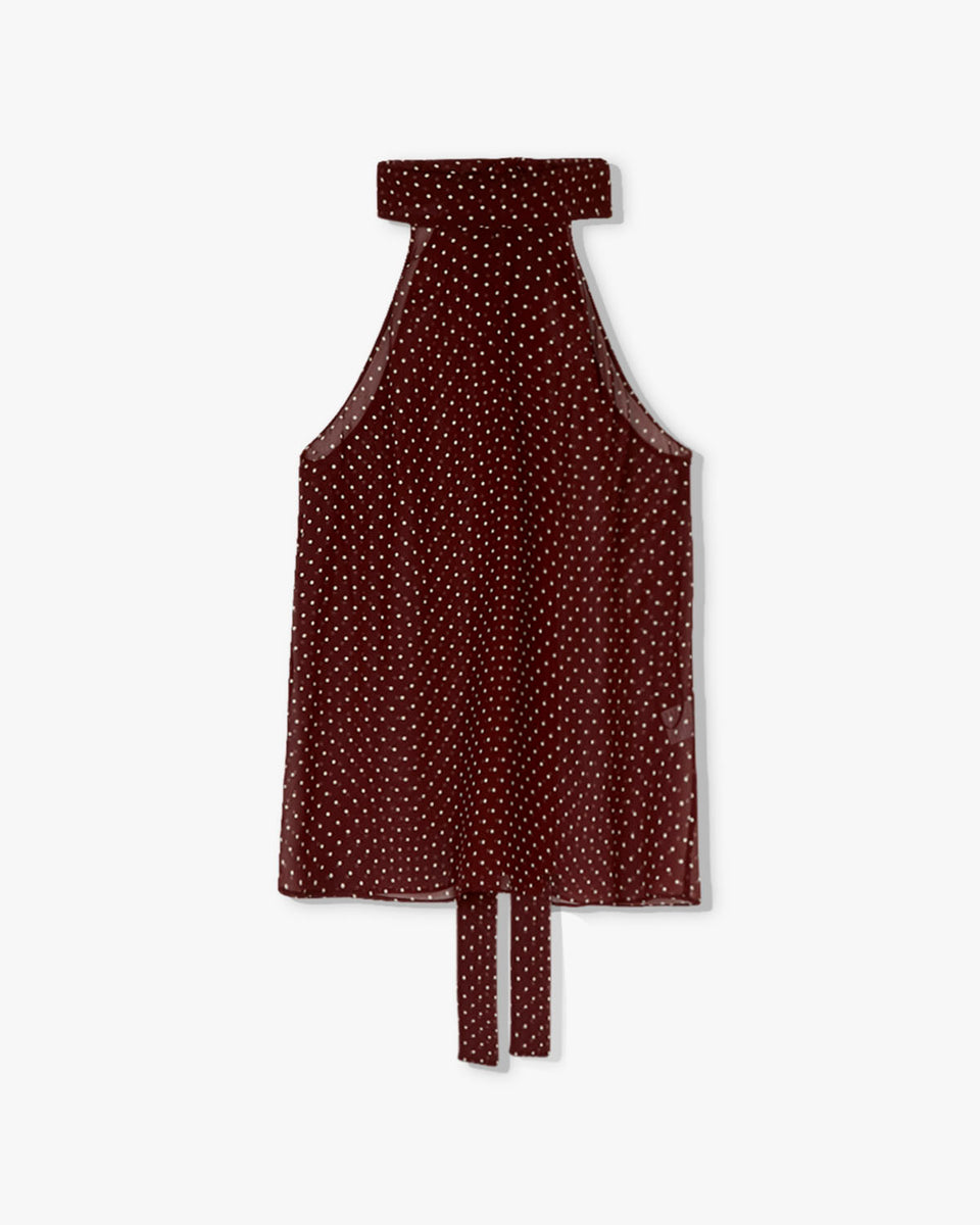 ALLA SILK HALTERNECK TOP IN BORDEAUX/CREAM DOTS